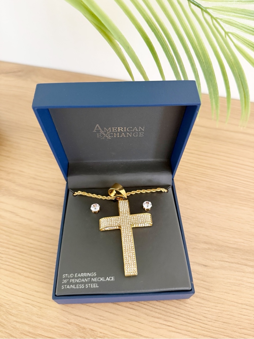 NEW American Exchange Gold-toned Cross Pendant Necklace & Stud Earrings